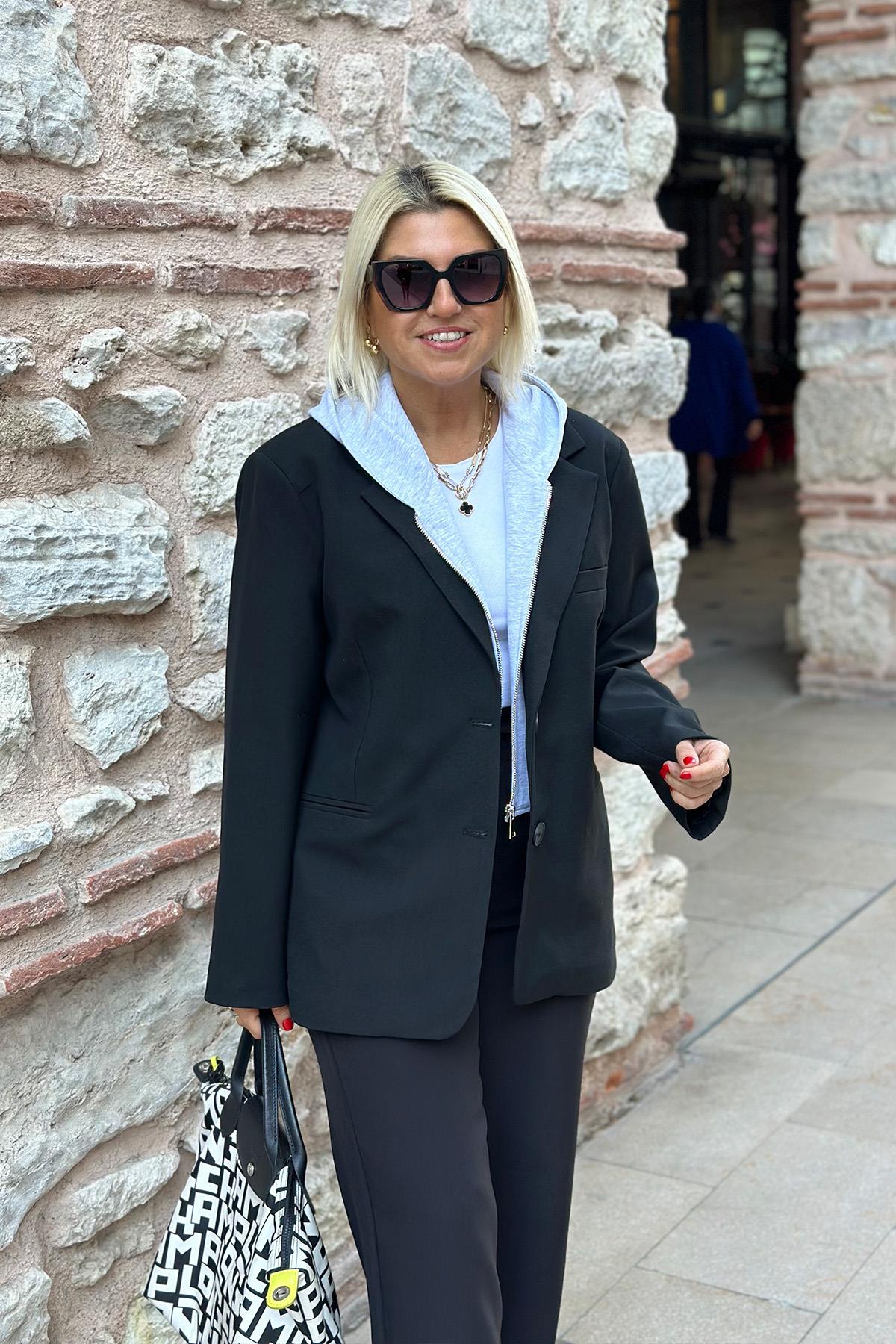Kapşonlu Sweat Detay Siyah CeketUK2250140-SIYAH-STD