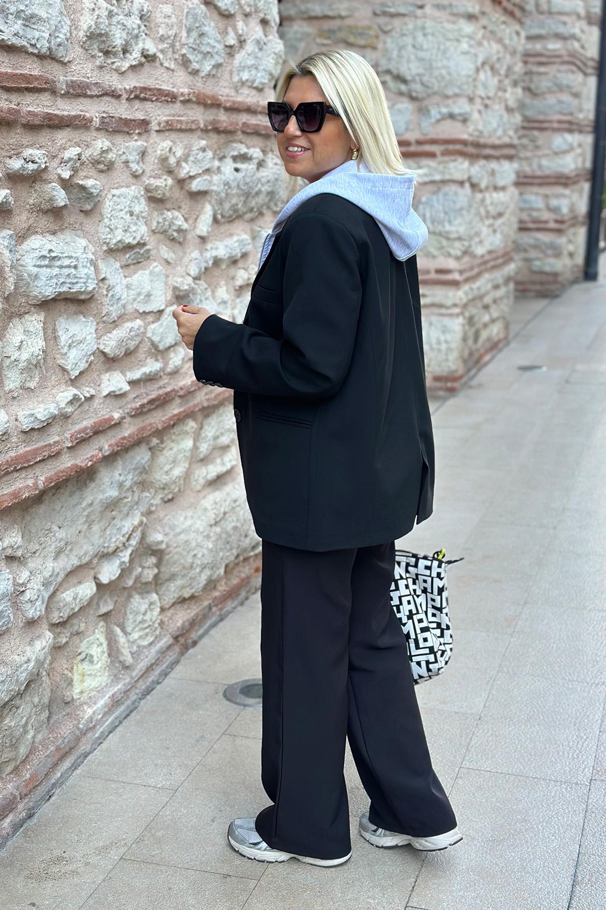 Kapşonlu Sweat Detay Siyah CeketUK2250140-SIYAH-STD