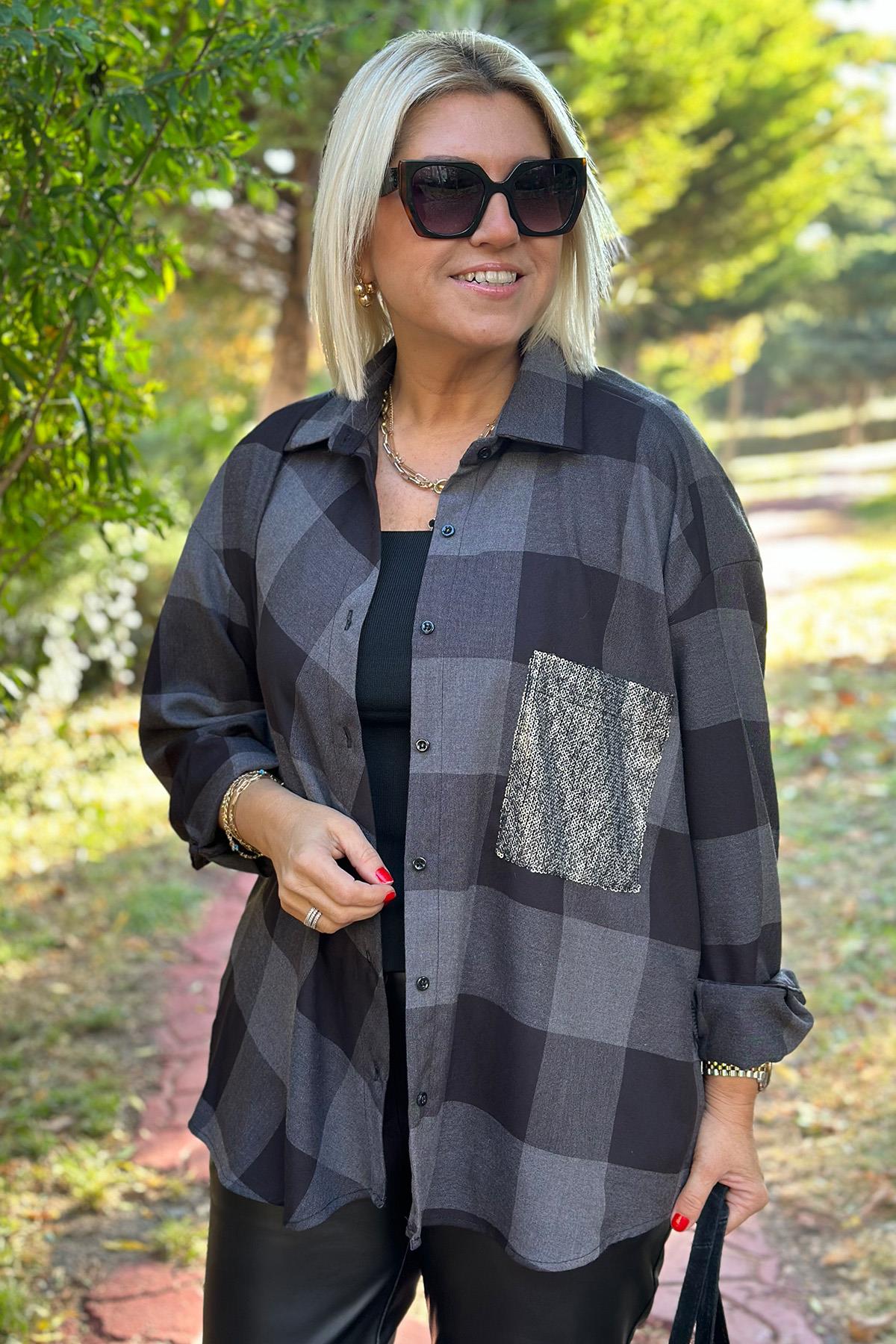 Kareli Cep Payetli Cotton GömlekUK2240184-GRI-STD