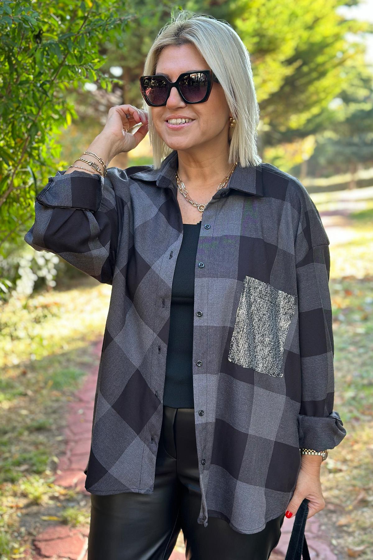 Kareli Cep Payetli Cotton GömlekUK2240184-GRI-STD