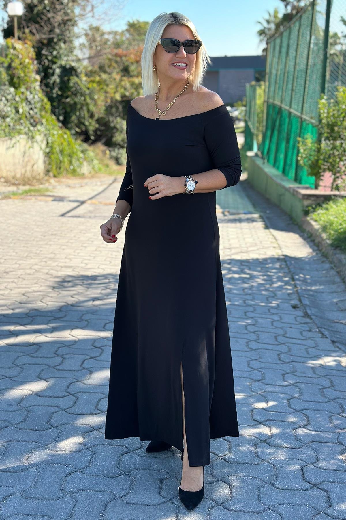 Kayık Yaka Önden Yırtmaçlı ElbiseUK2232121310-SIYAH-42