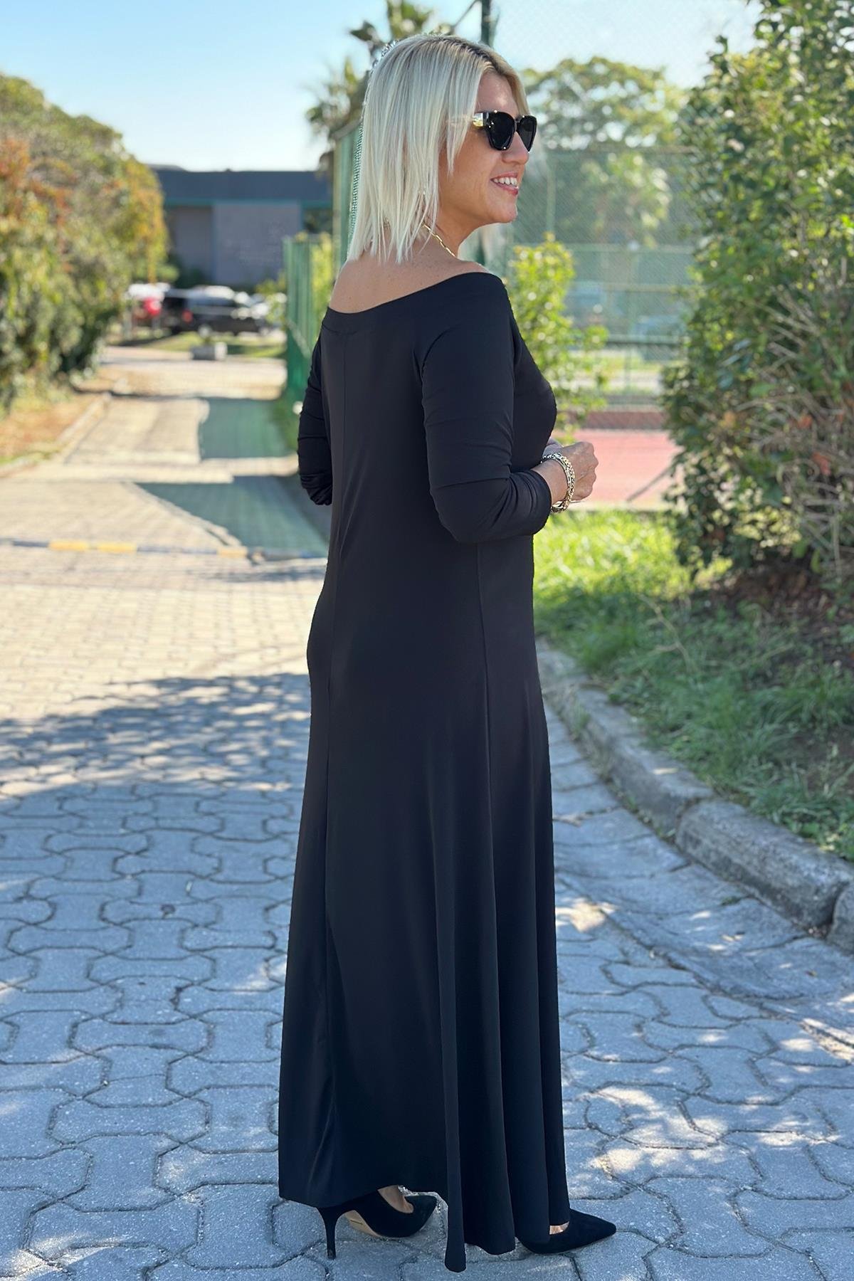 Kayık Yaka Önden Yırtmaçlı ElbiseUK2232121310-SIYAH-42