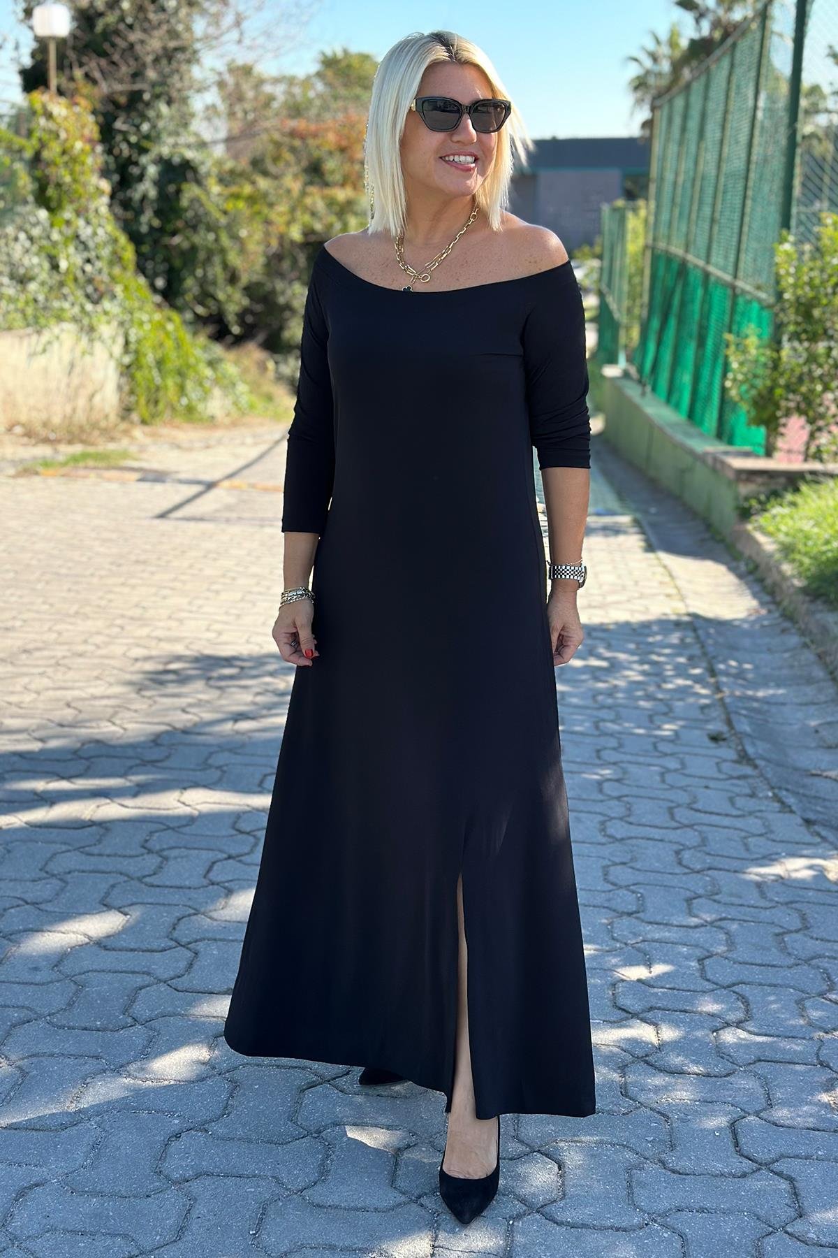 Kayık Yaka Önden Yırtmaçlı ElbiseUK2232121310-SIYAH-42