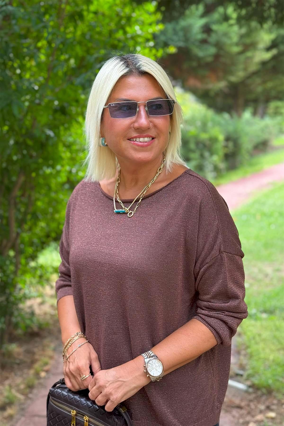 Kayık Yaka Simli İnce TrikoUT24110988-KAHVE-STD