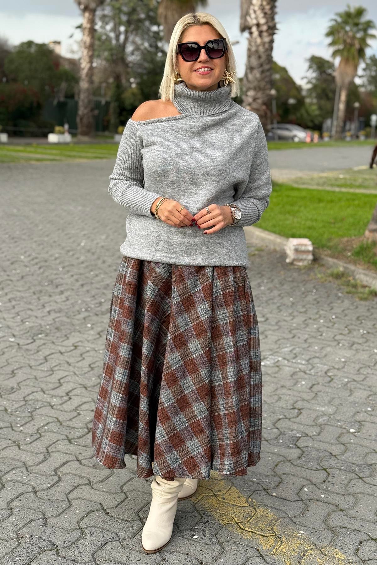 Kiremit Beli Lastikli Ekose Desen Cepli Kloş EtekAETK2500130-KIREMIT-S
