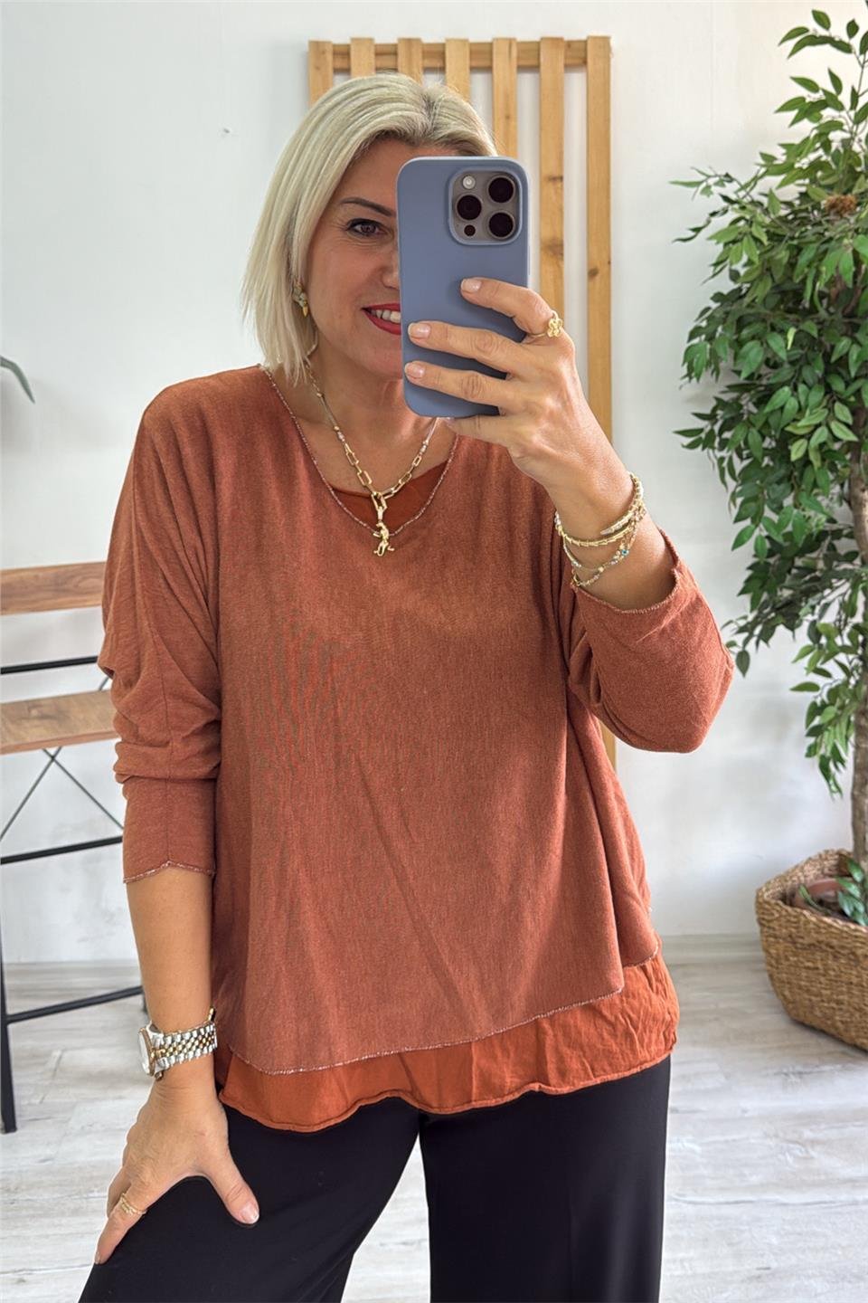 Kiremit İçi Tshirt Detay Fularlı Pamuk BluzUBL2412254-KIREMIT-STD