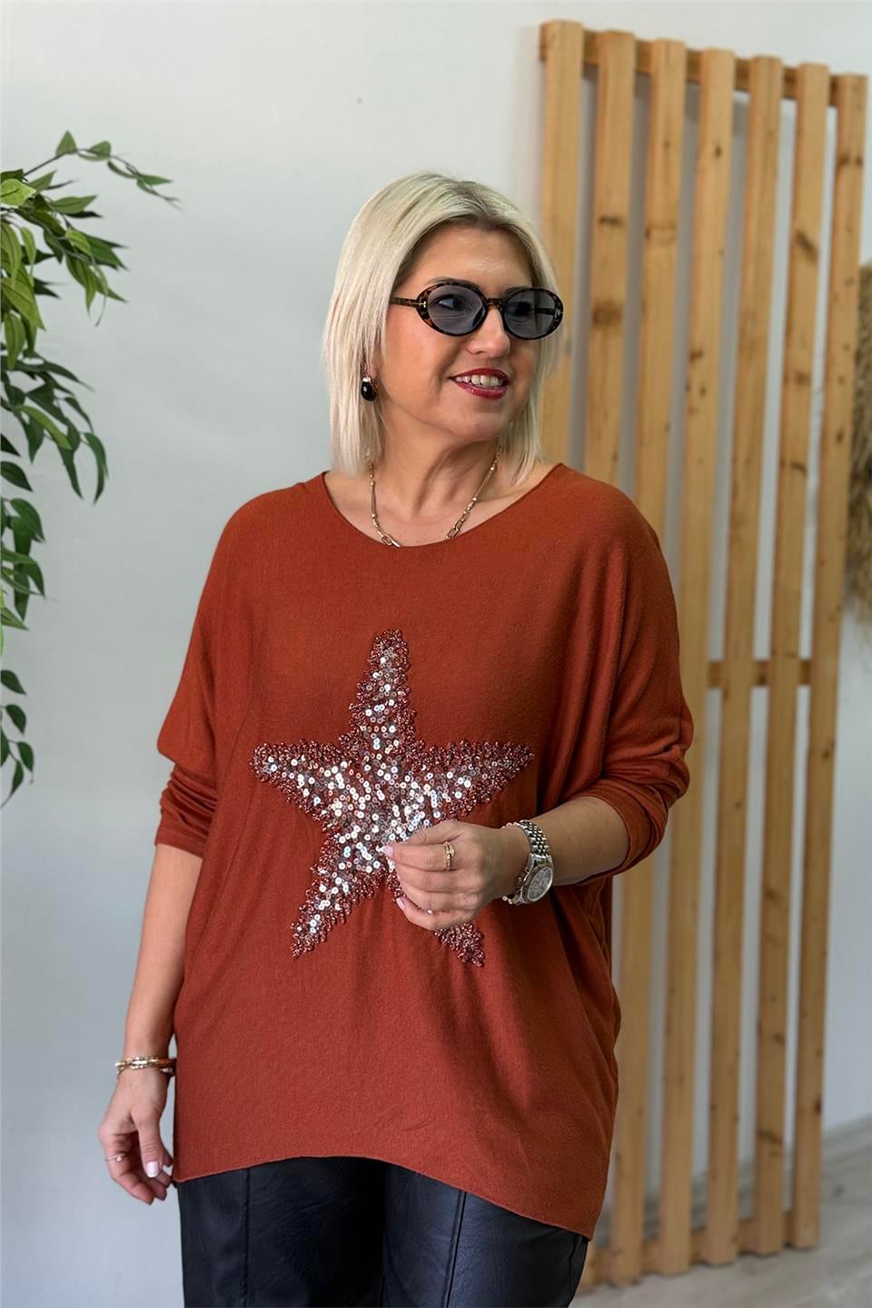 Kiremit Yıldız İşlemeli Verev Kesim Tunik BluzUBL2412260-KIREMIT-STD