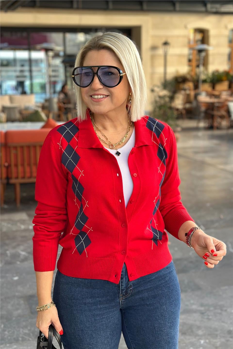 Kırmızı Baklavalı Polo Yaka HırkaUH24110921-KIRMIZI-S