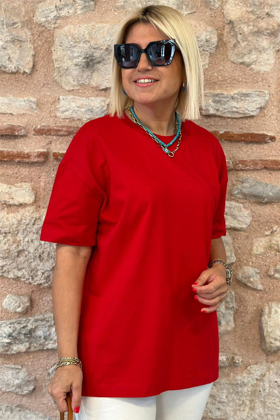 Kırmızı Bisiklet Yaka Cotton T-shirtUY217070-Kırmızı