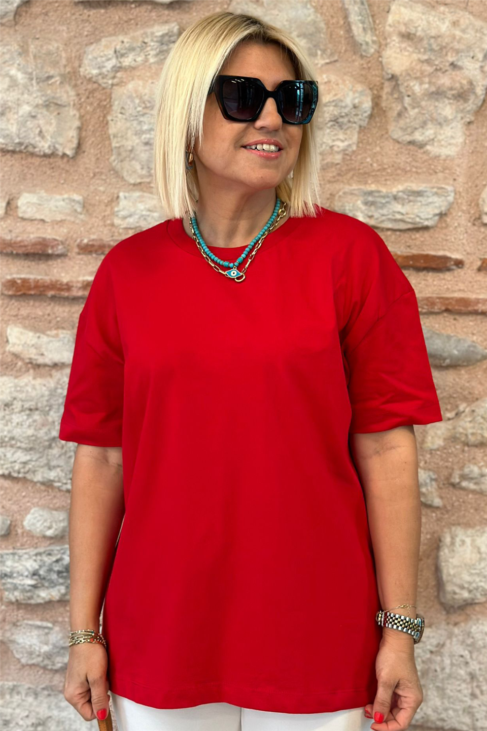 Kırmızı Bisiklet Yaka Cotton T-shirtUY217070-Kırmızı