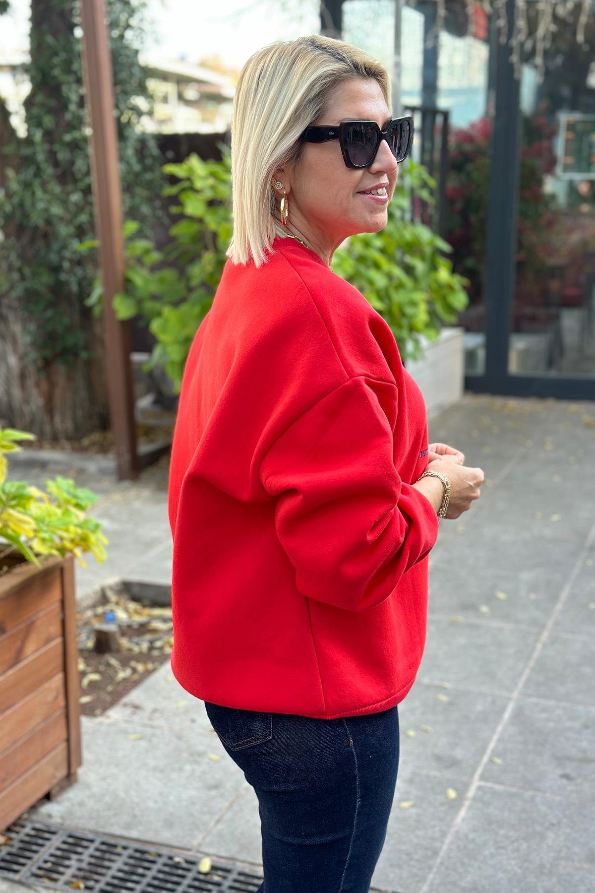 Kırmızı Bisiklet Yaka Teddy Nakışlı SweatshirtUSW0243011-KIRMIZI-STD