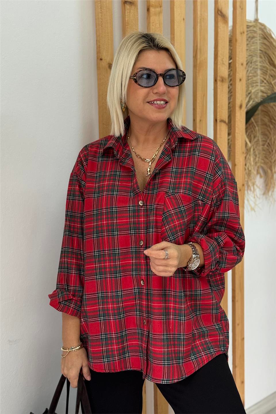 Kırmızı Ekose Pamuk Tek Cep GömlekUG02412145-KIRMIZI-STD