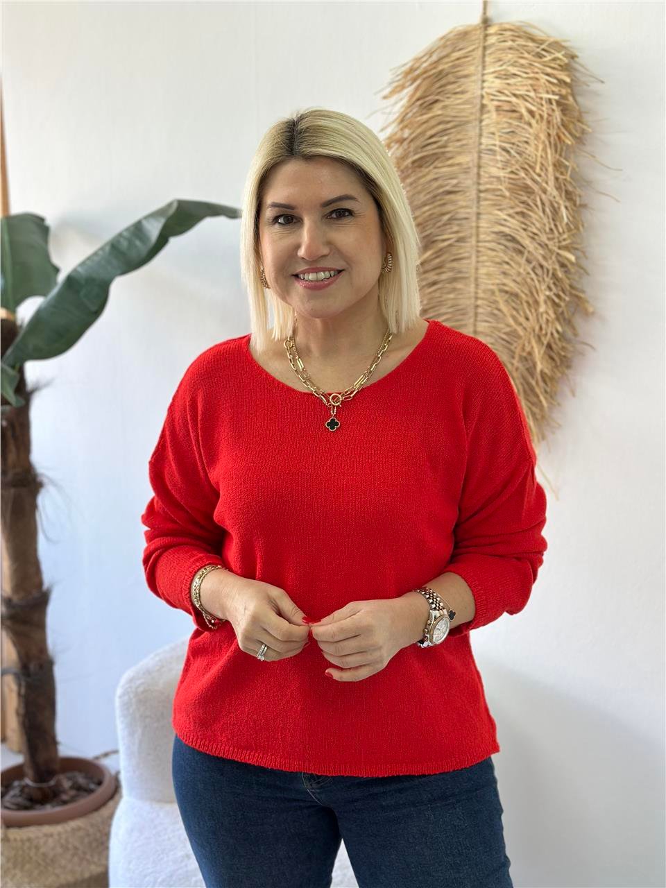 Kırmızı Kayık Yaka Merserize TrikoUT24110973-KIRMIZI-STD