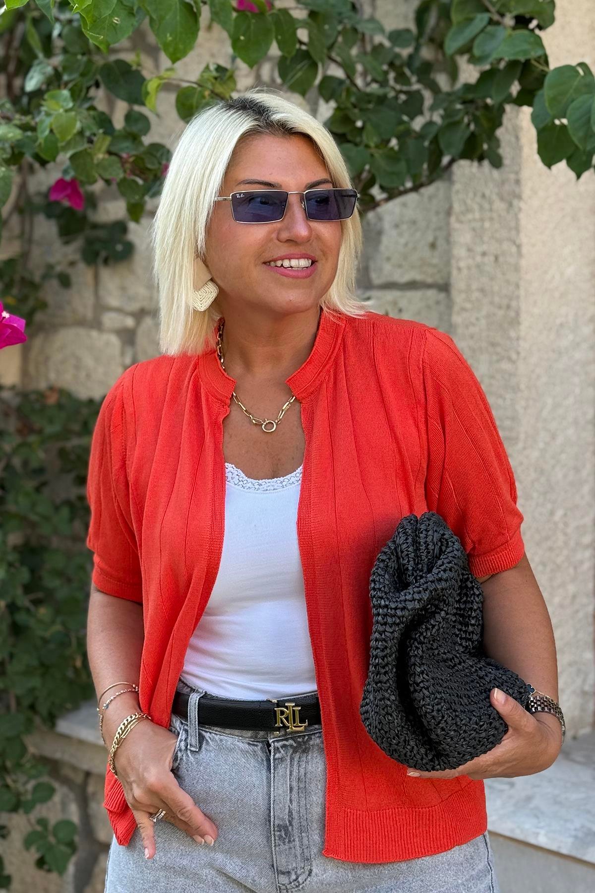 Kırmızı Kısa Kol İnce Mevsimlik Triko HırkaDK2230121-KIRMIZI-STD