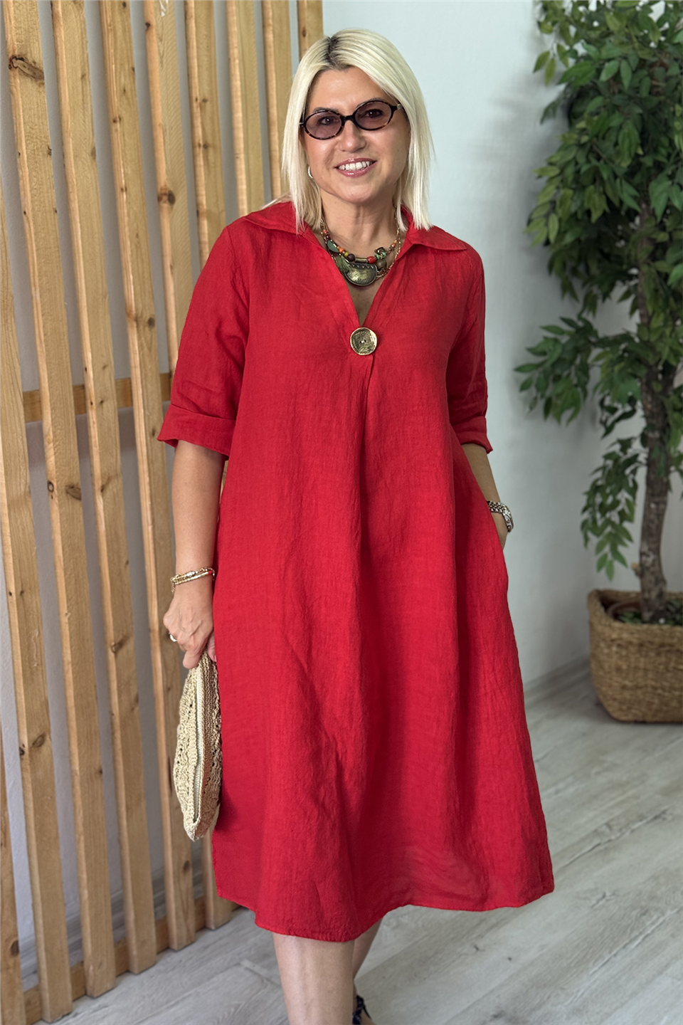 Kırmızı Pirinç Düğmeli Polo Yaka Keten ElbiseELB26001090-KIRMIZI-STD