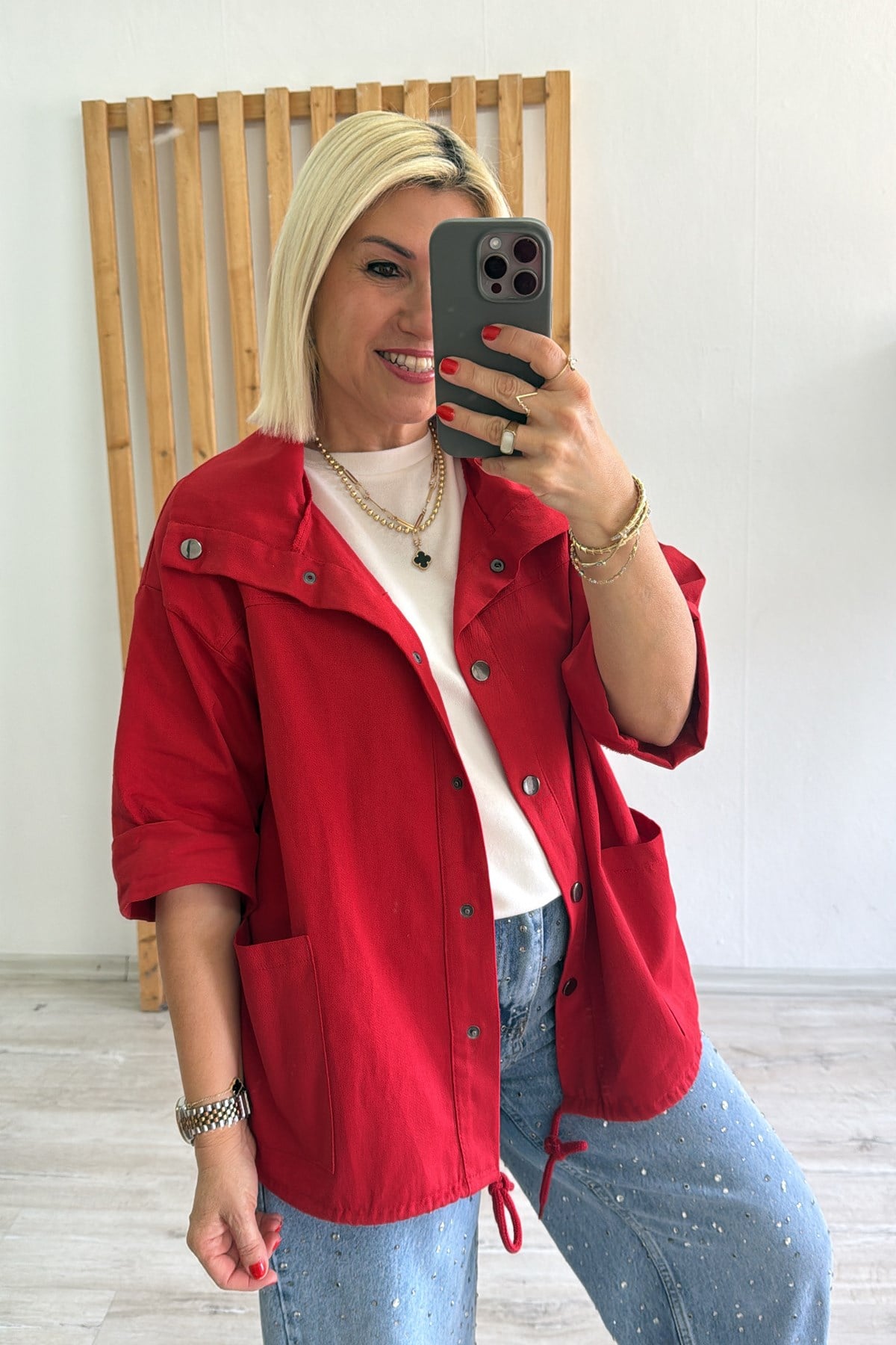 Kırmızı Tansel Cepli Geniş Yaka CeketECKT2500126-KIRMIZI-STD