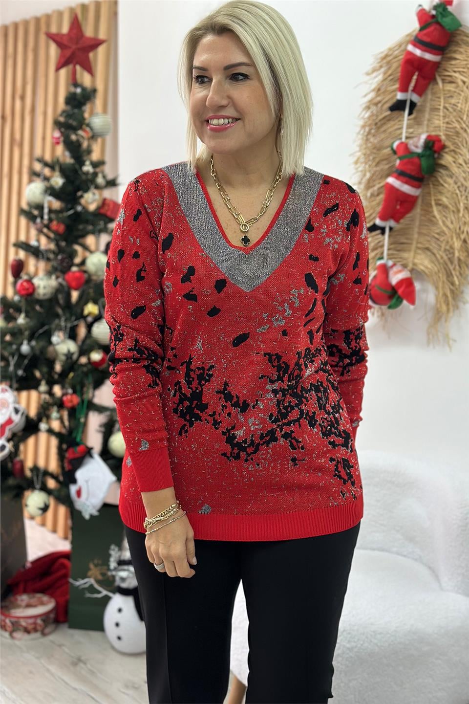 Kırmızı V Yakası Simli Desenli TrikoUT24110935-KIRMIZI-STD