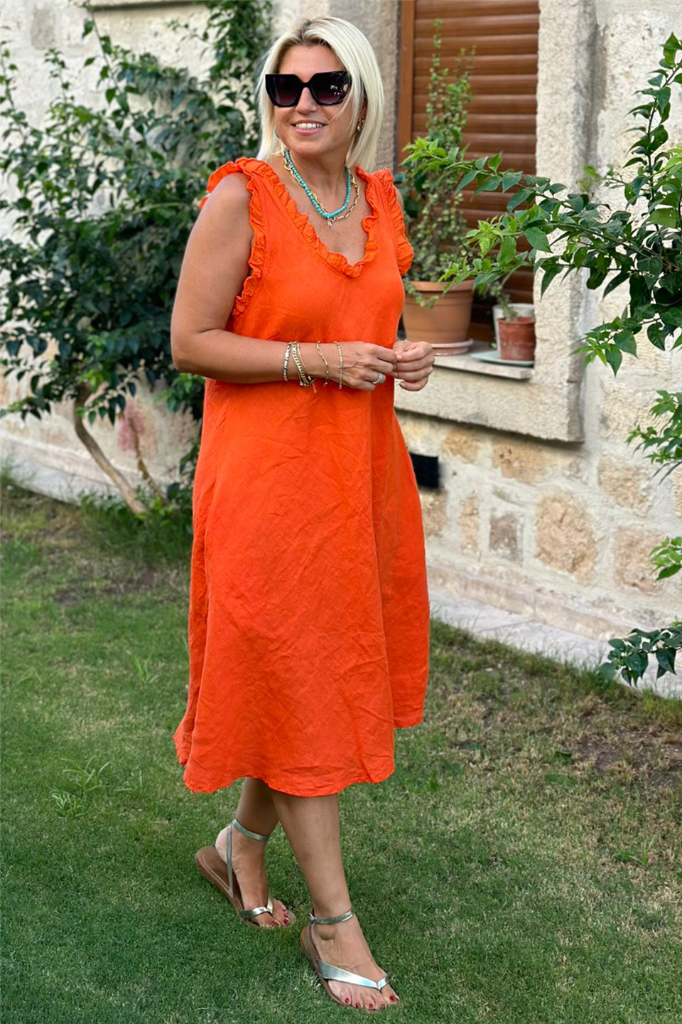 Kolsuz Ön Arka V Yaka Elbise UK2232121285-ORANGE-STD