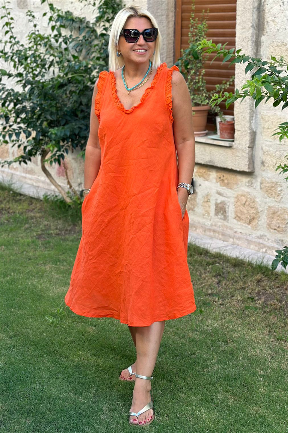 Kolsuz Ön Arka V Yaka Elbise UK2232121285-ORANGE-STD