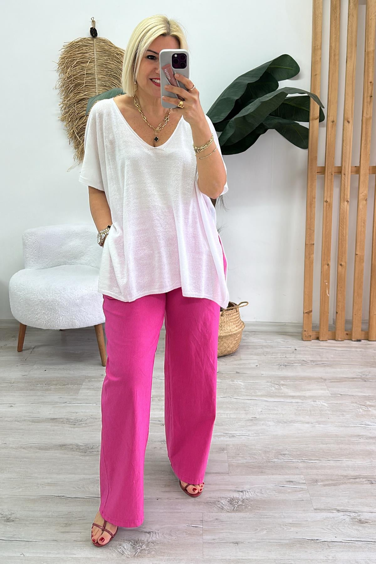 Koyu Pembe Beli Lastikli Bol Paça Full Lycralı PantolonUK224048114-KOYUPEMBE-STD