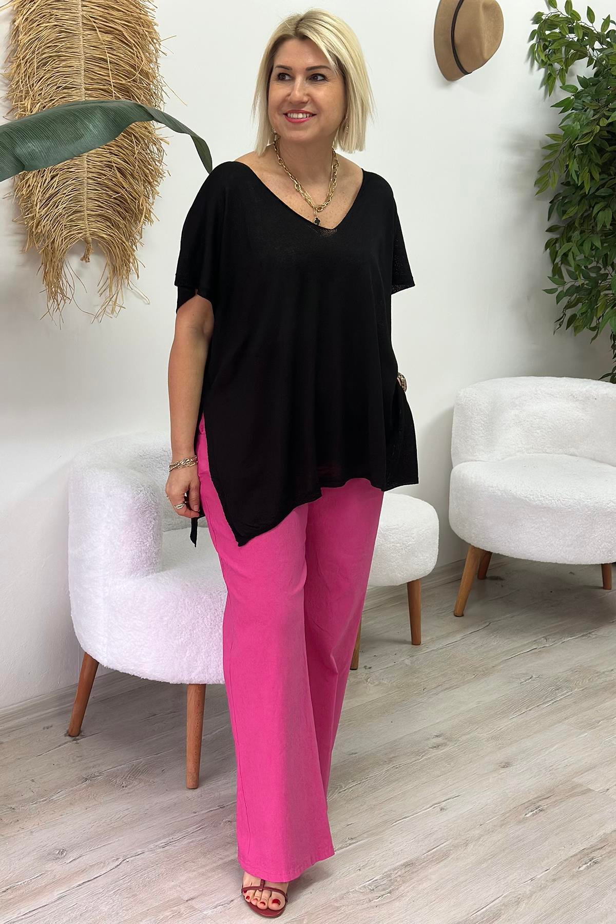 Koyu Pembe Beli Lastikli Bol Paça Full Lycralı PantolonUK224048114-KOYUPEMBE-STD