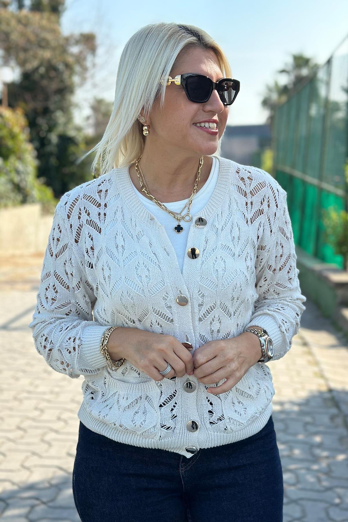 Krem Ajurlu Cep Detaylı HırkaDK2230118-KREM-STD