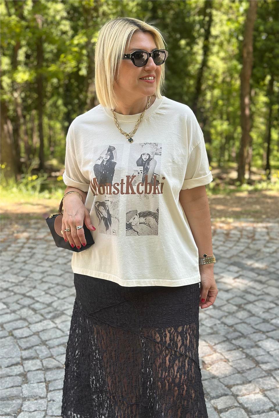 Krem Bisiklet Yaka Baskılı TShirtUTS25002066-KREM-STD