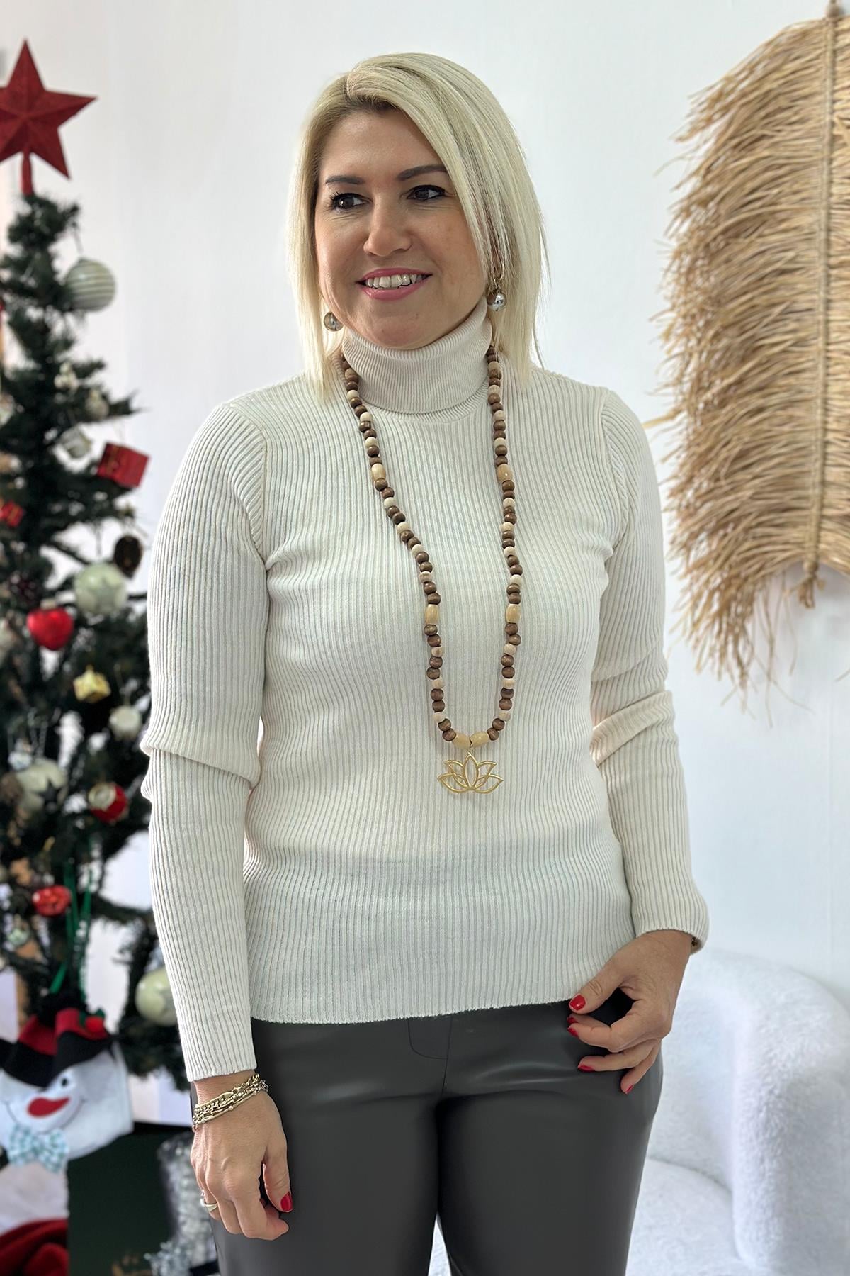 Krem Fitilli Balıkçı Lycralı Bady Triko UT24110939-KREM-STD