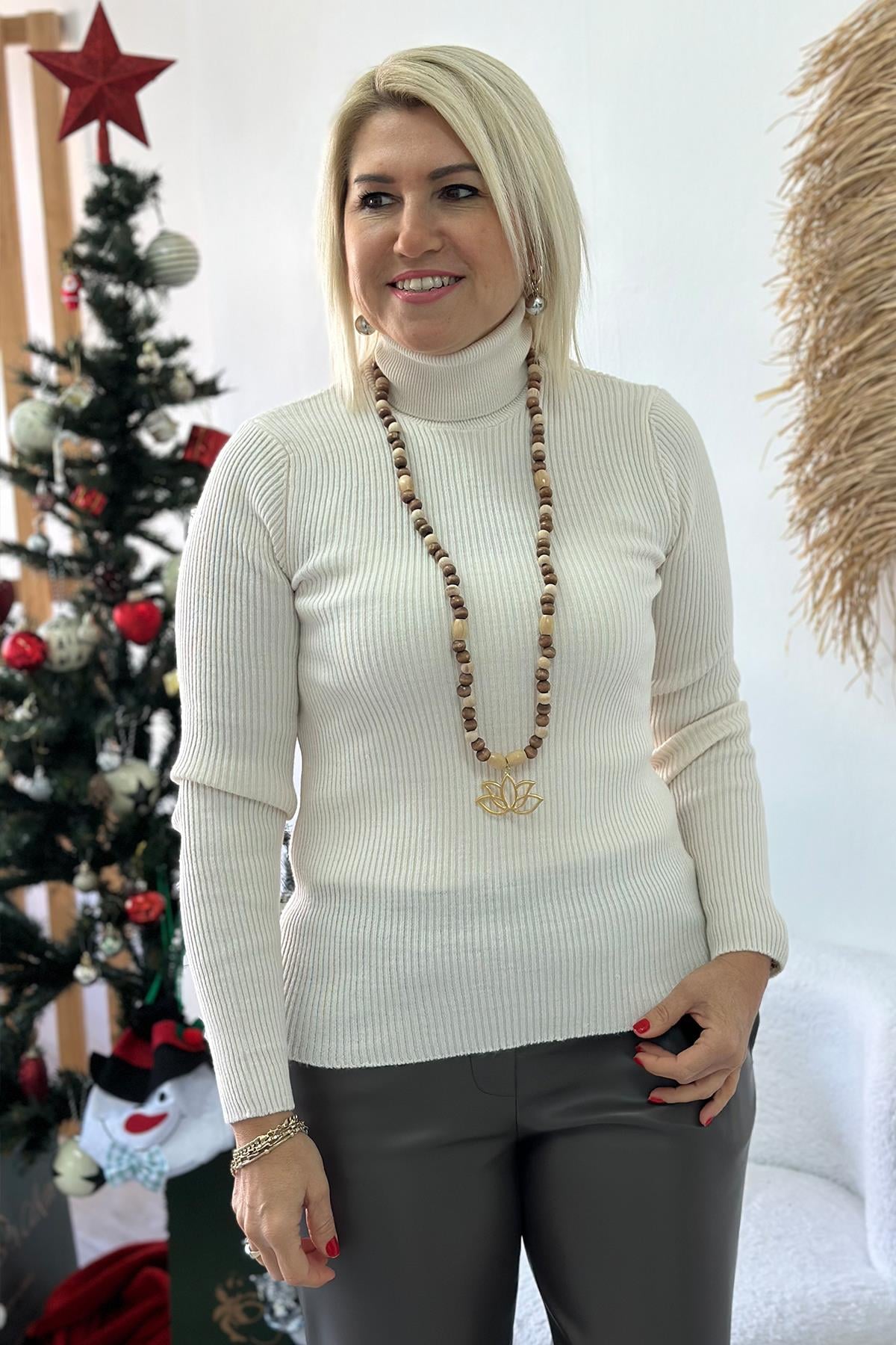 Krem Fitilli Balıkçı Lycralı Bady Triko UT24110939-KREM-STD