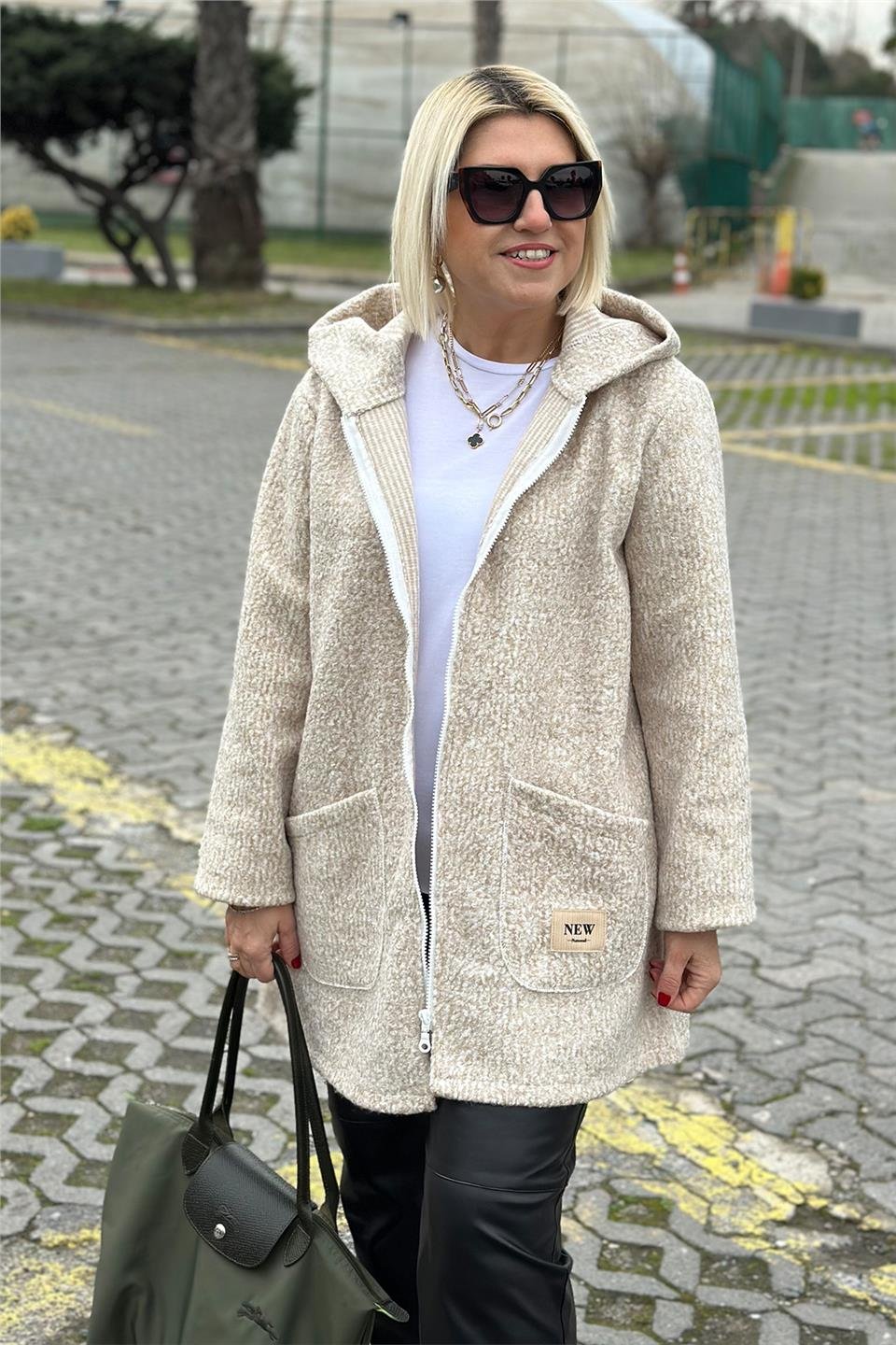 Krem Kapşonlu Cepli Astarsız Buklet CeketCKT2500121-KREM-STD