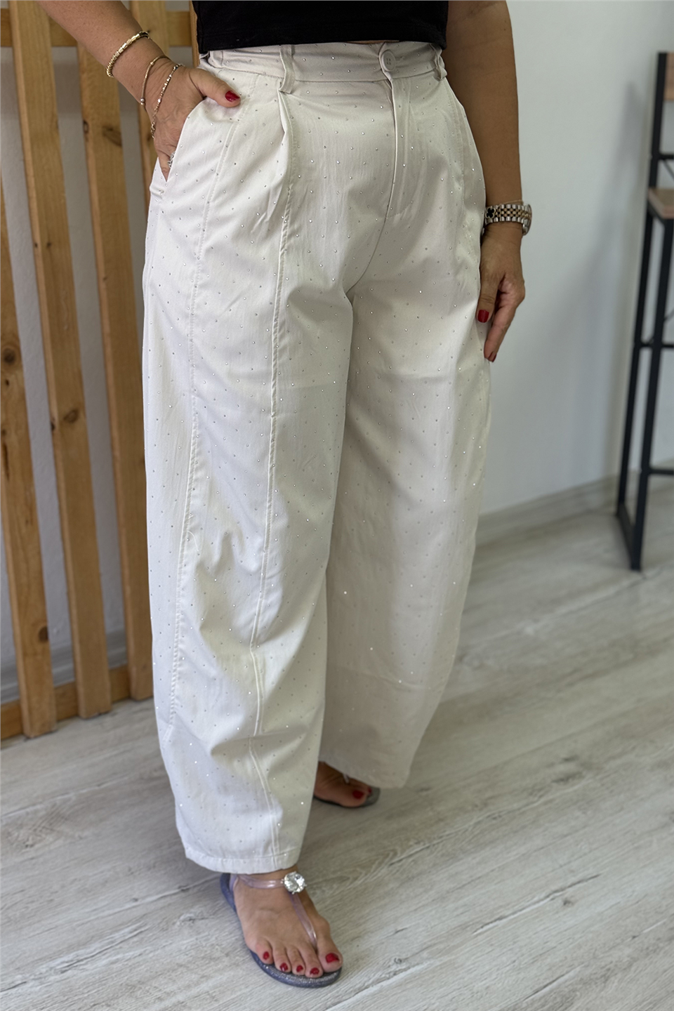 Krem Pul Baskılı Şalvar Model PantolonAPNT20250981-KREM-S