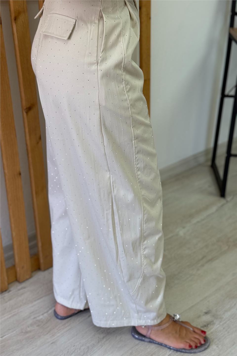 Krem Pul Baskılı Şalvar Model PantolonAPNT20250981-KREM-S