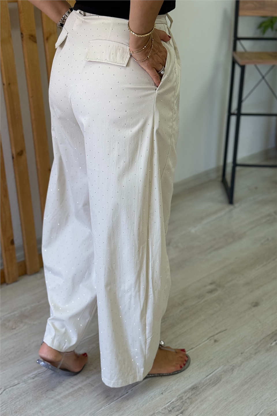 Krem Pul Baskılı Şalvar Model PantolonAPNT20250981-KREM-S