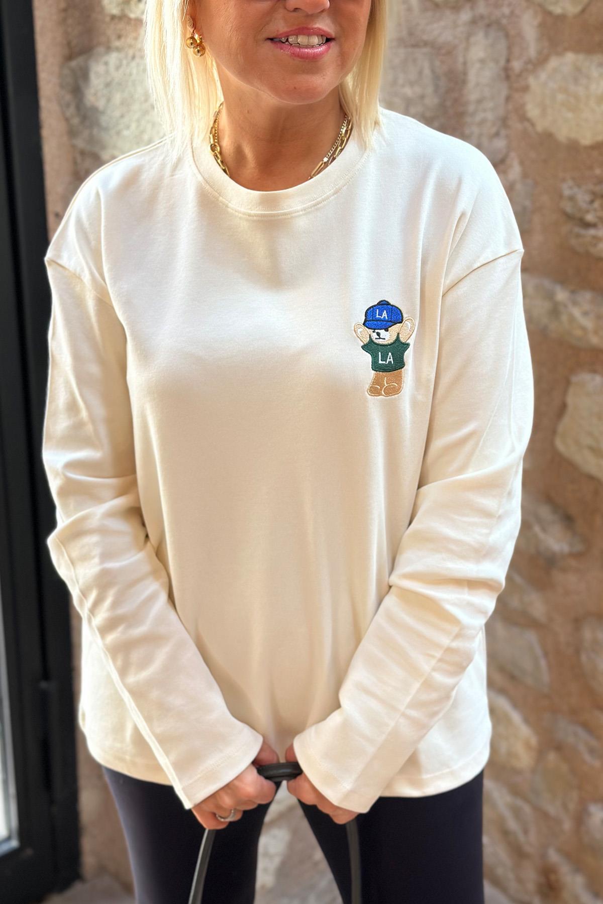 Krem Teddy Nakışlı Uzun Kol Penye TshirtUY217077-KREM-STD