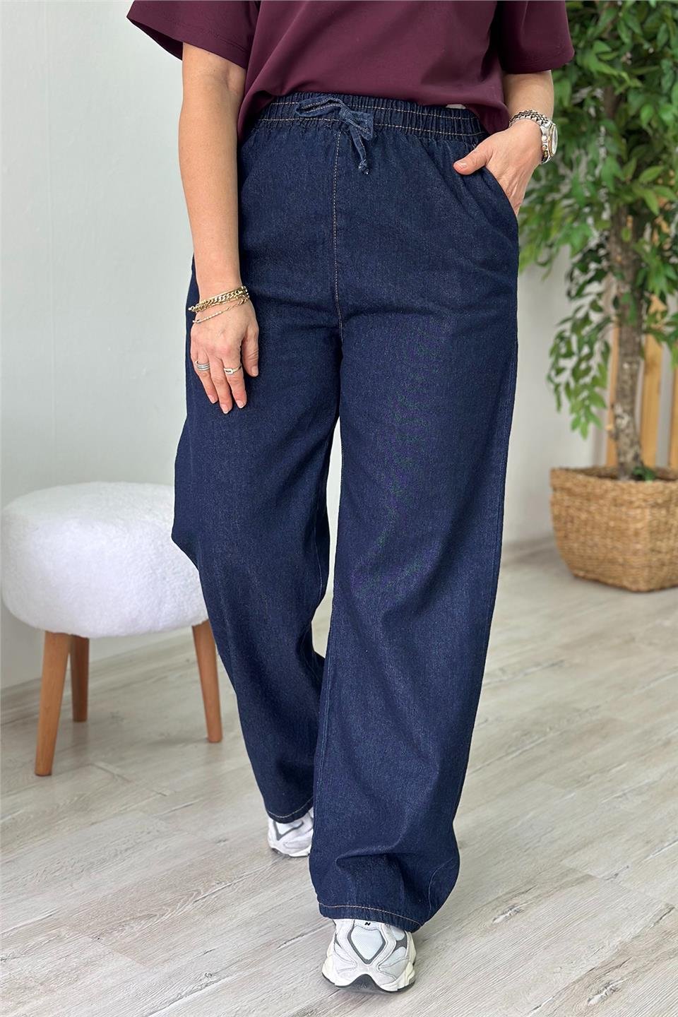 Lacivert Beli Bağcıklı Bol Paça İnce Denim PantolonAJNS2501214-LACIVERT-S
