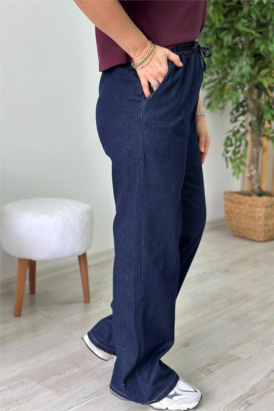 Lacivert Beli Bağcıklı Bol Paça İnce Denim PantolonAJNS2501214-LACIVERT-S