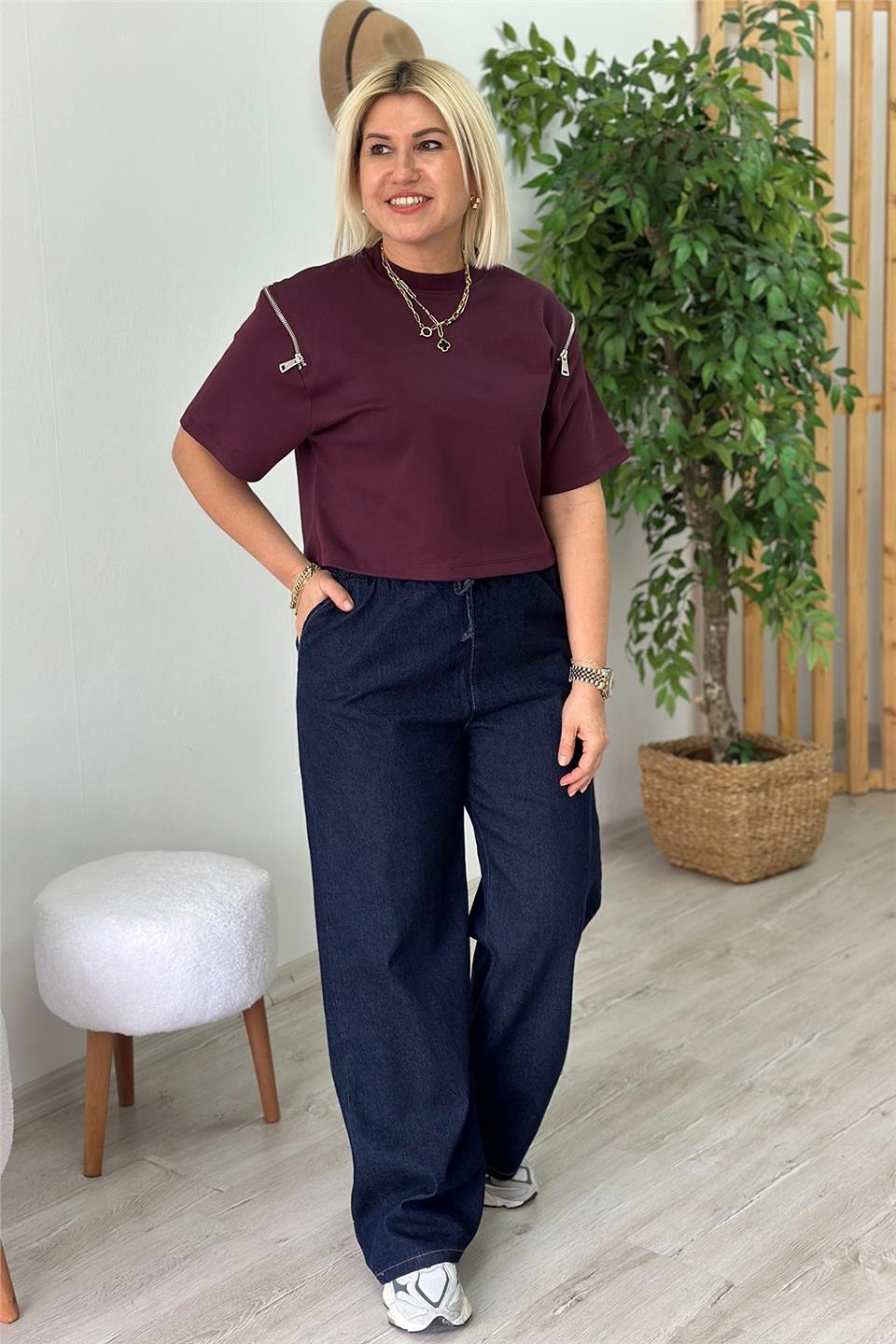 Lacivert Beli Bağcıklı Bol Paça İnce Denim PantolonAJNS2501214-LACIVERT-S