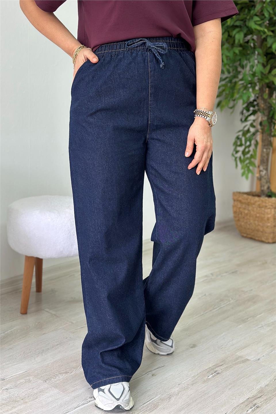 Lacivert Beli Bağcıklı Bol Paça İnce Denim PantolonAJNS2501214-LACIVERT-S
