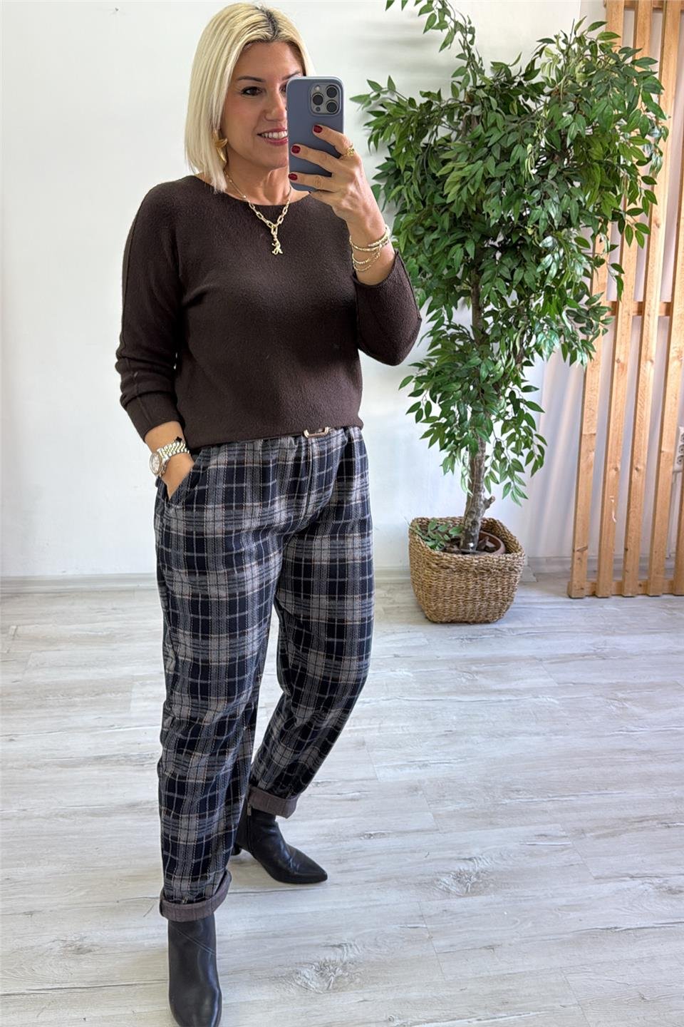 Lacivert Beli Kemerli Havuç Model Ekose PantolonAPNT20250916-LACIVERT-STD