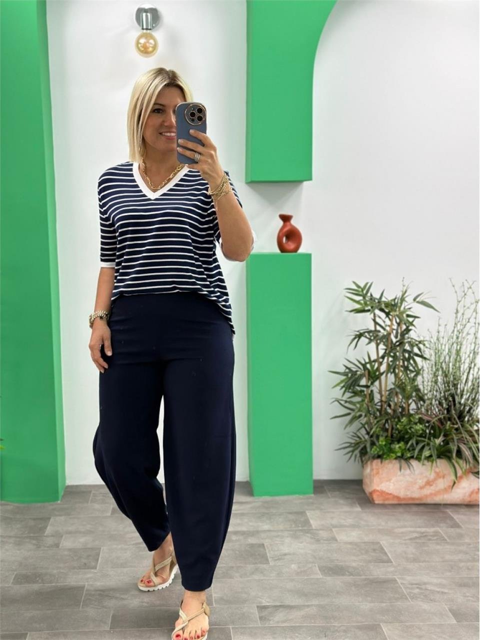 Lacivert Beli Lastikli Şalvar Model Crep Pantolon UK224048105-Lacivert