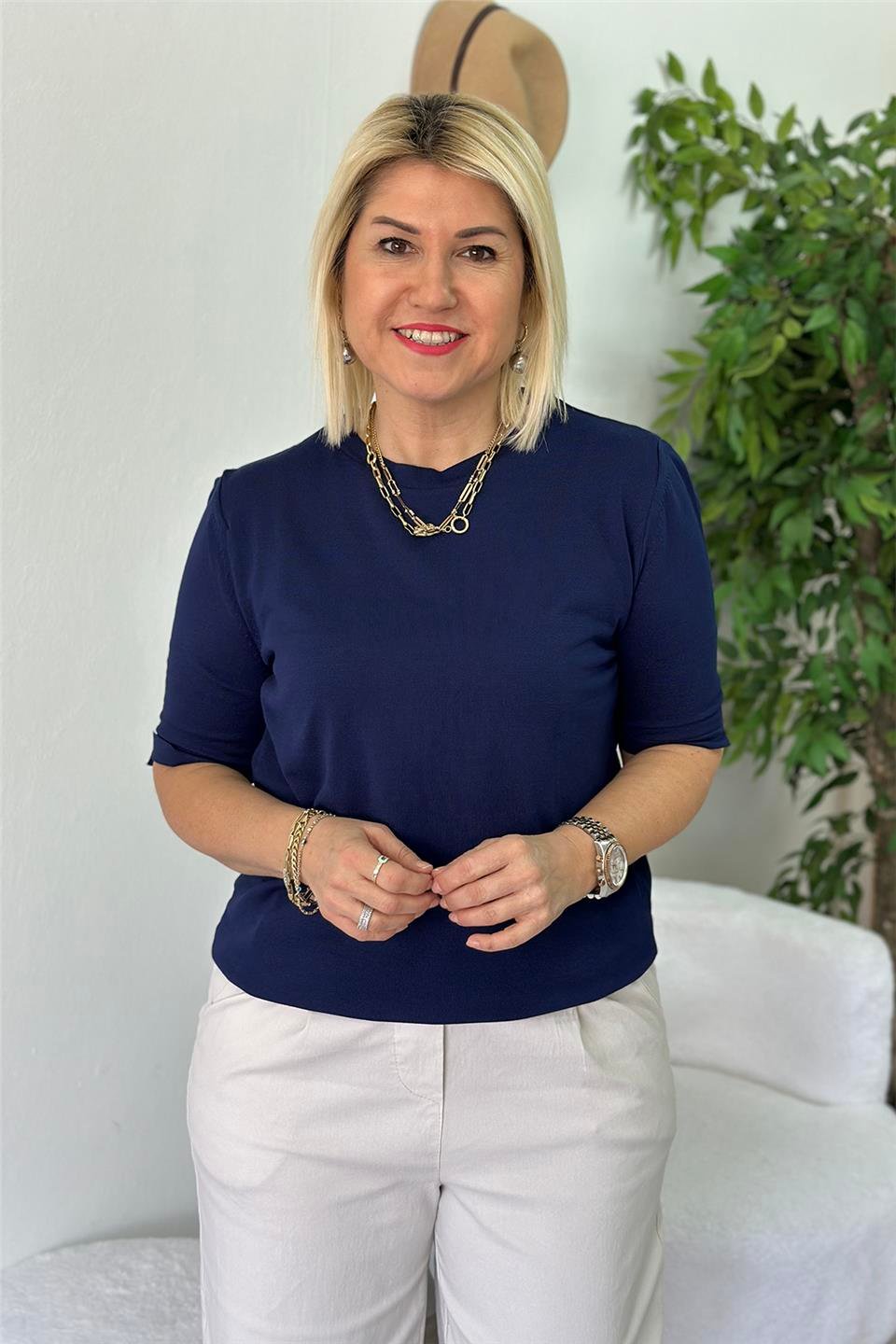 Lacivert Bisiklet Yaka Kısa Kol Mevsimlik TrikoUT24110969-LACIVERT-STD