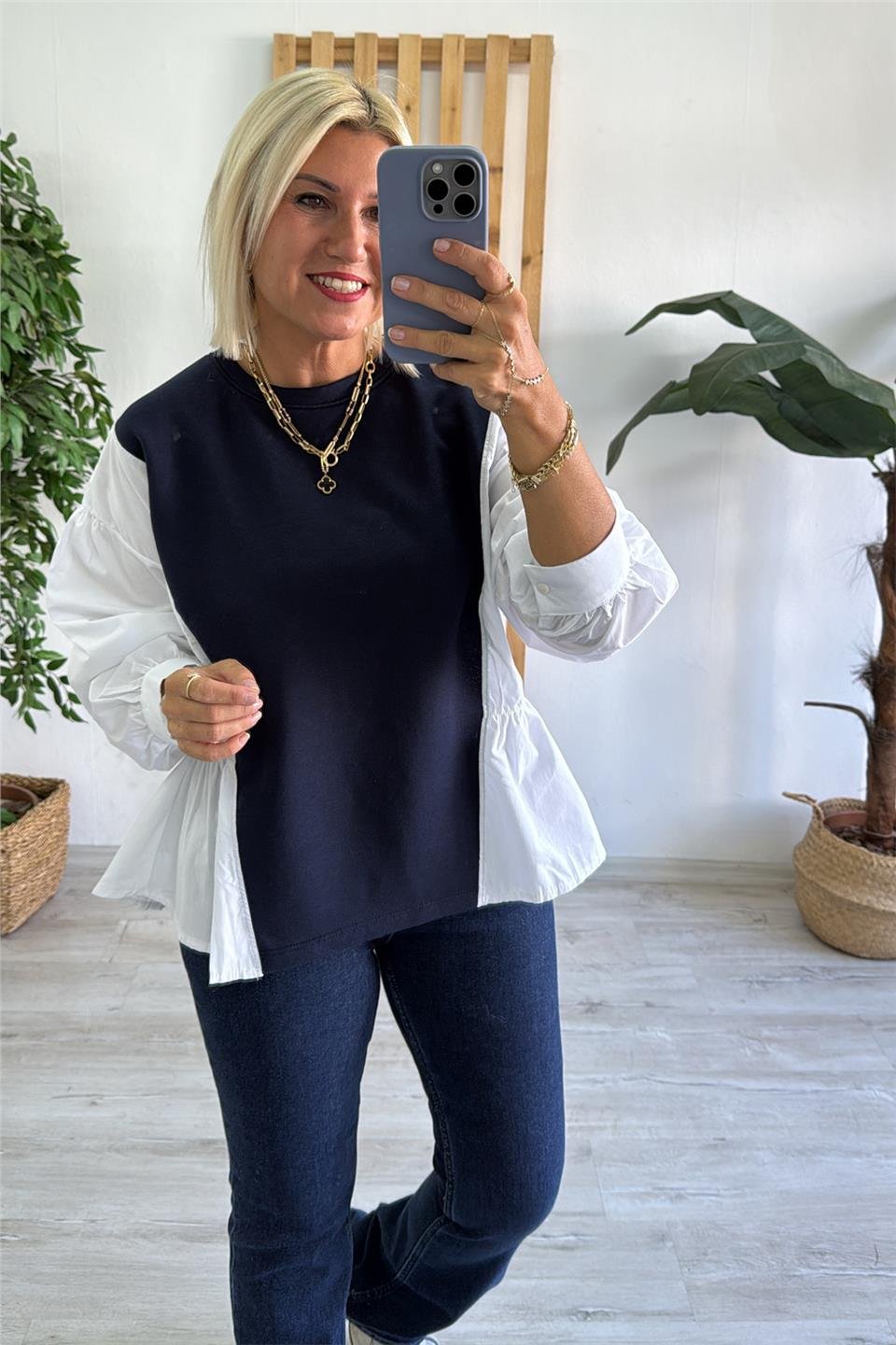 Lacivert Bisiklet Yaka Yanları Gömlek Garnili SweatUSW0243018-LACIVERT-S