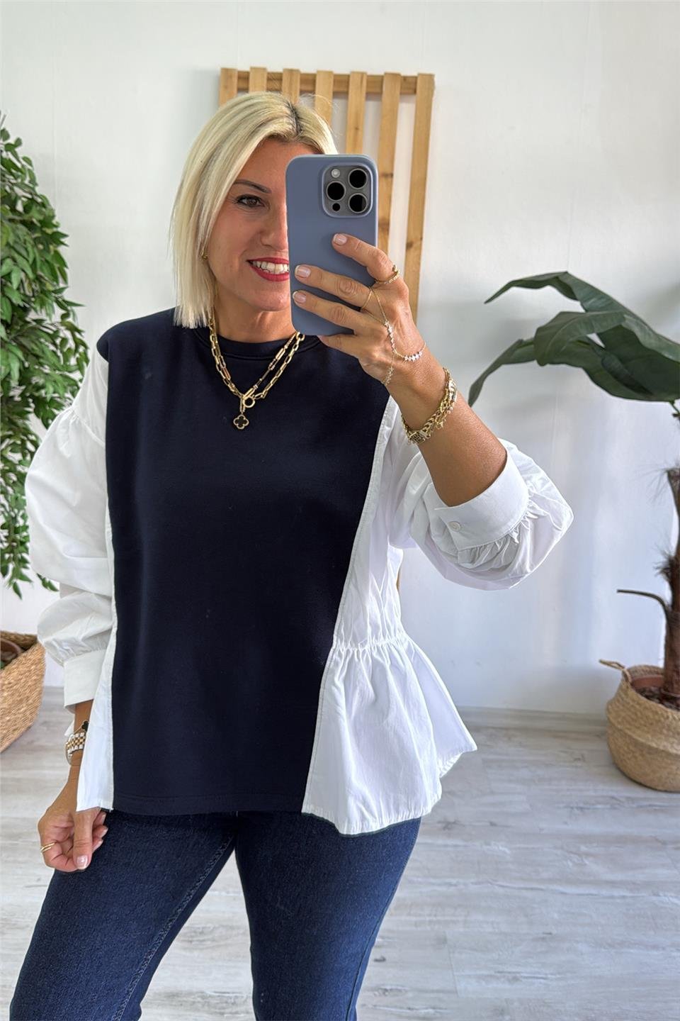 Lacivert Bisiklet Yaka Yanları Gömlek Garnili SweatUSW0243018-LACIVERT-S