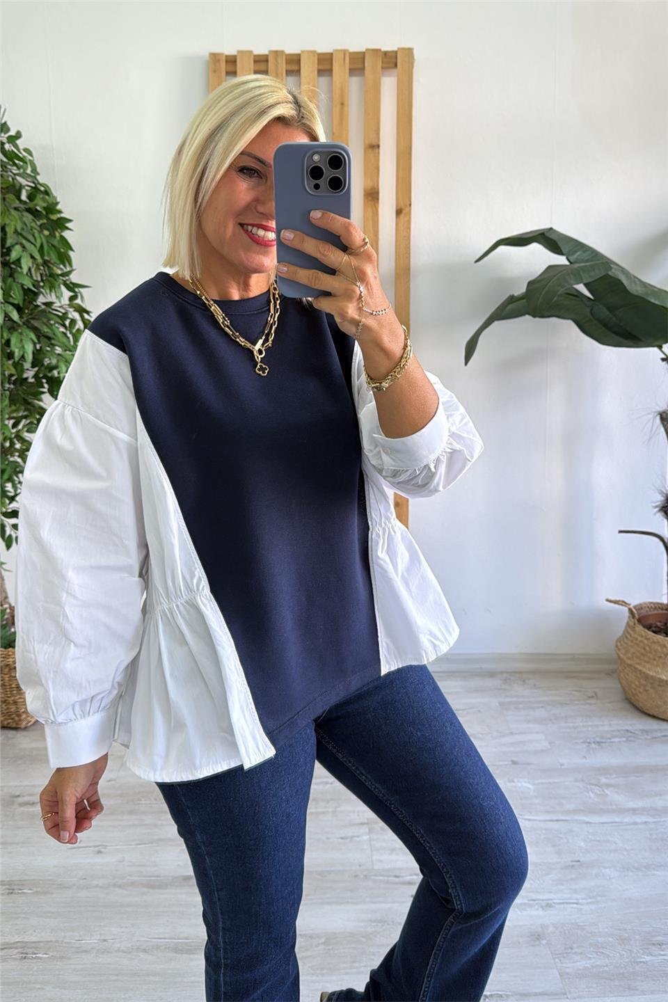 Lacivert Bisiklet Yaka Yanları Gömlek Garnili SweatUSW0243018-LACIVERT-S