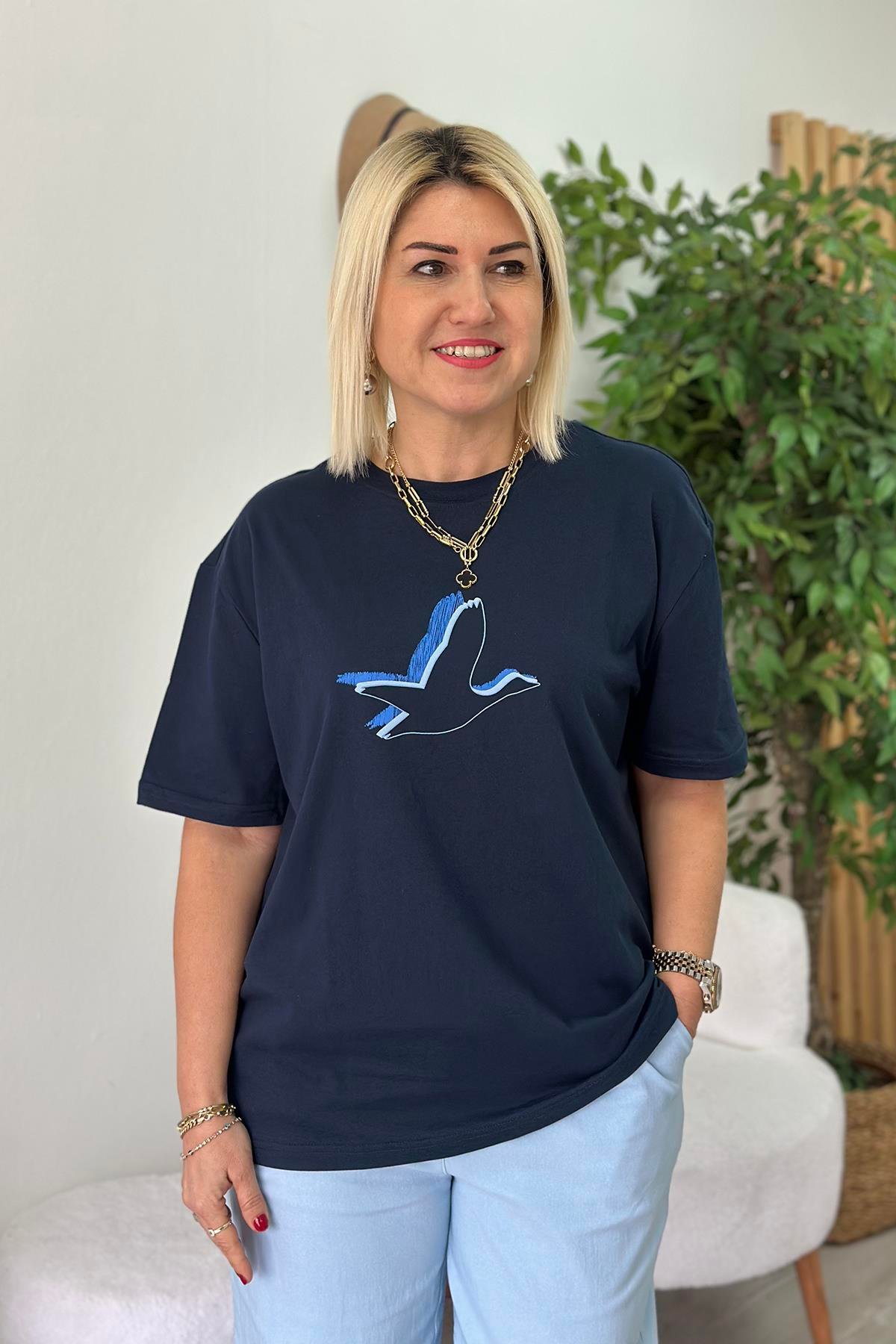 Lacivert Çift Renk Kuş Baskılı Cotton TShirtUTS25002061-LACIVERT-S