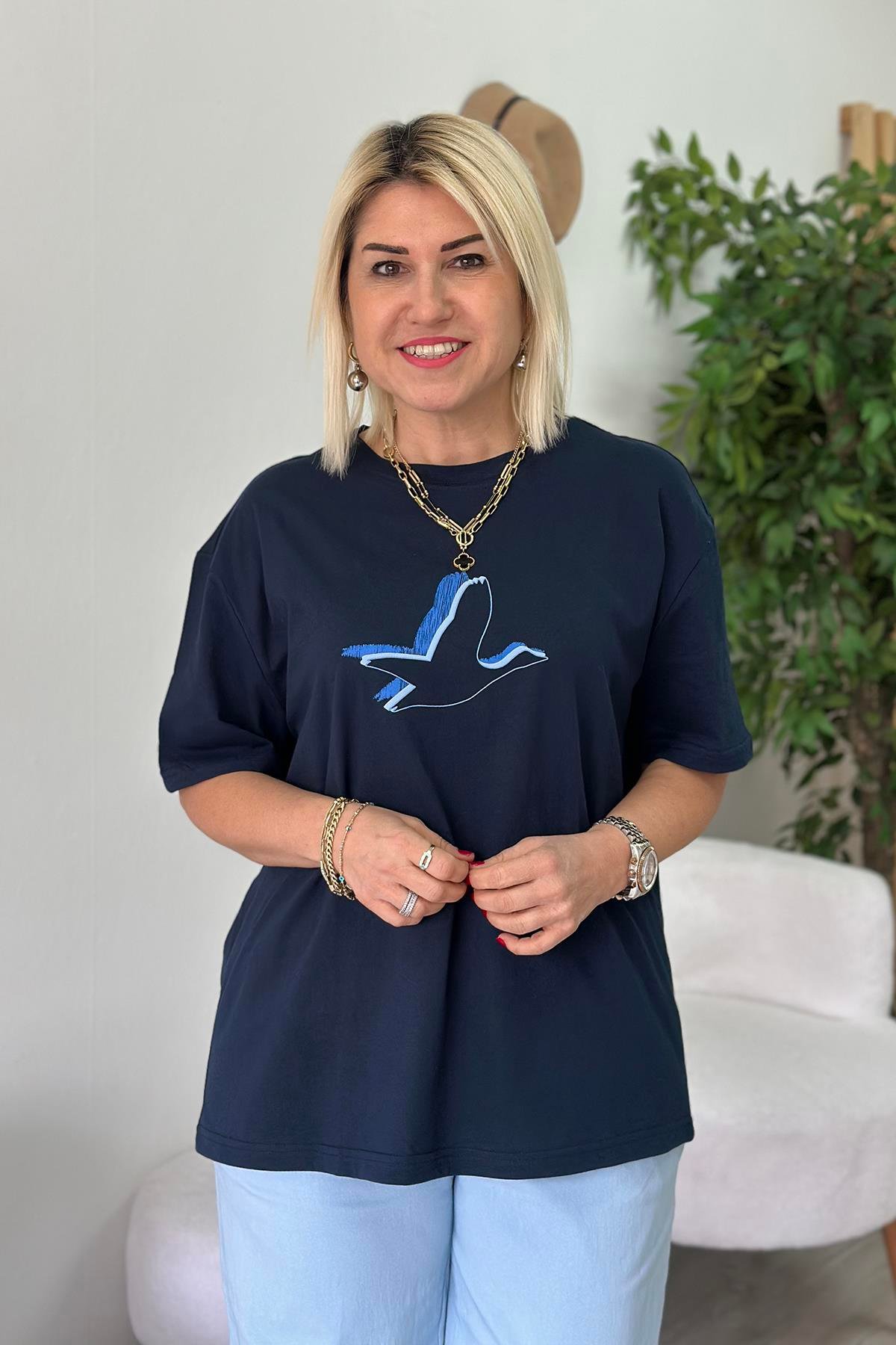 Lacivert Çift Renk Kuş Baskılı Cotton TShirtUTS25002061-LACIVERT-S
