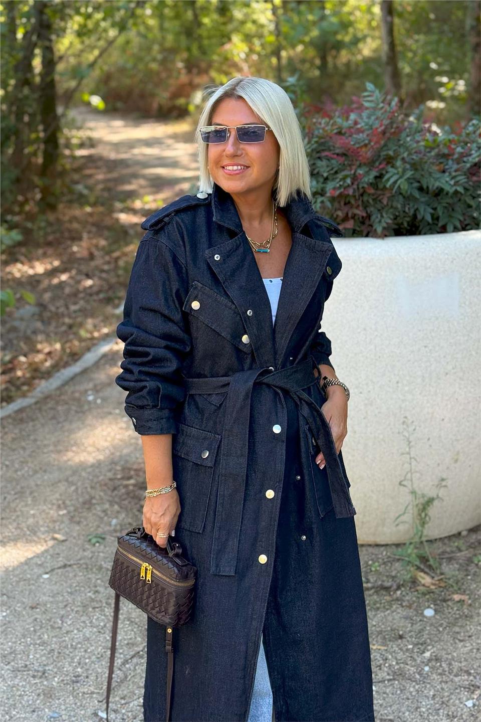 Lacivert Denim Çıtçıtlı Cepli Uzun TrençkotECKT2500130-LACIVERT-S