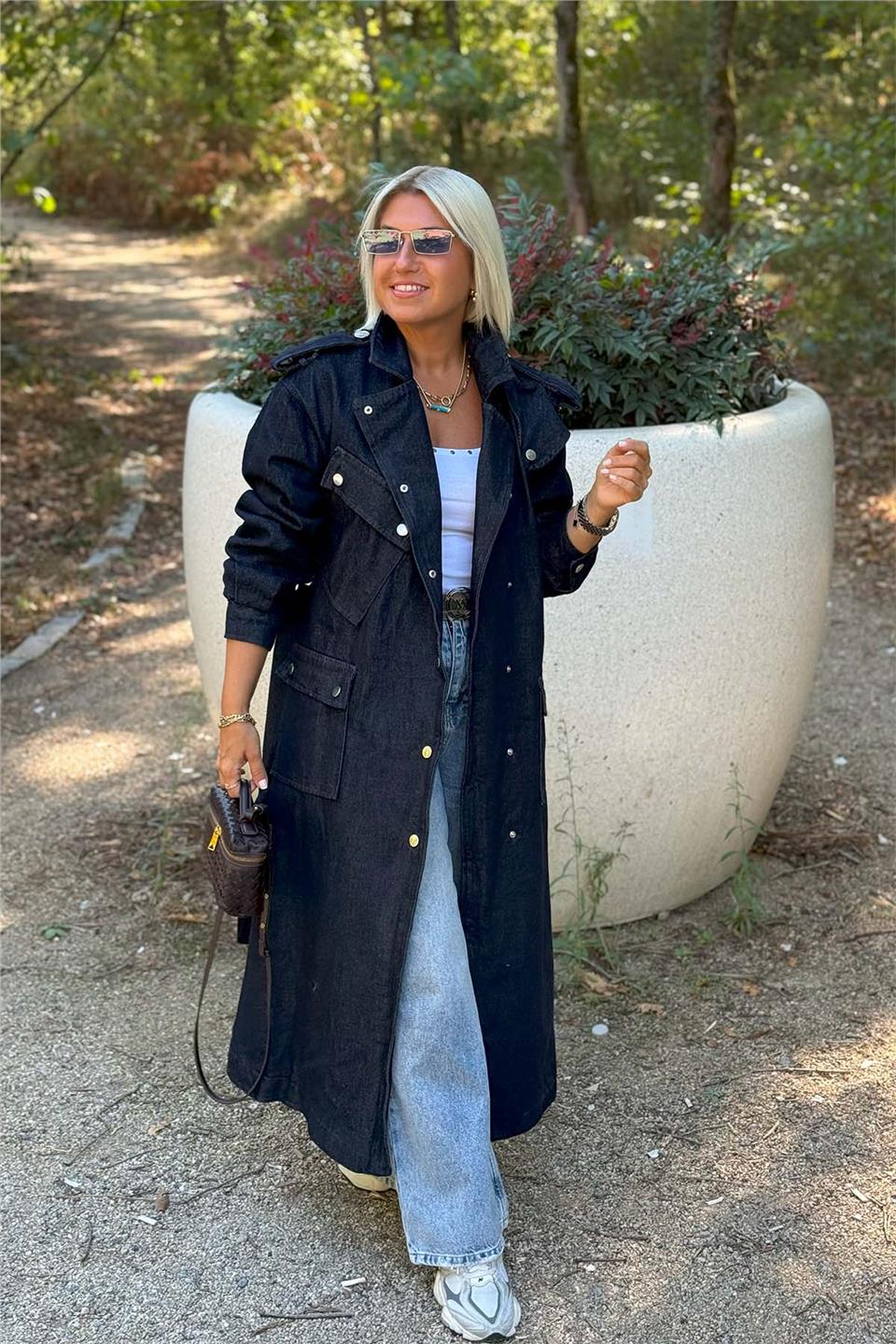 Lacivert Denim Çıtçıtlı Cepli Uzun TrençkotECKT2500130-LACIVERT-S