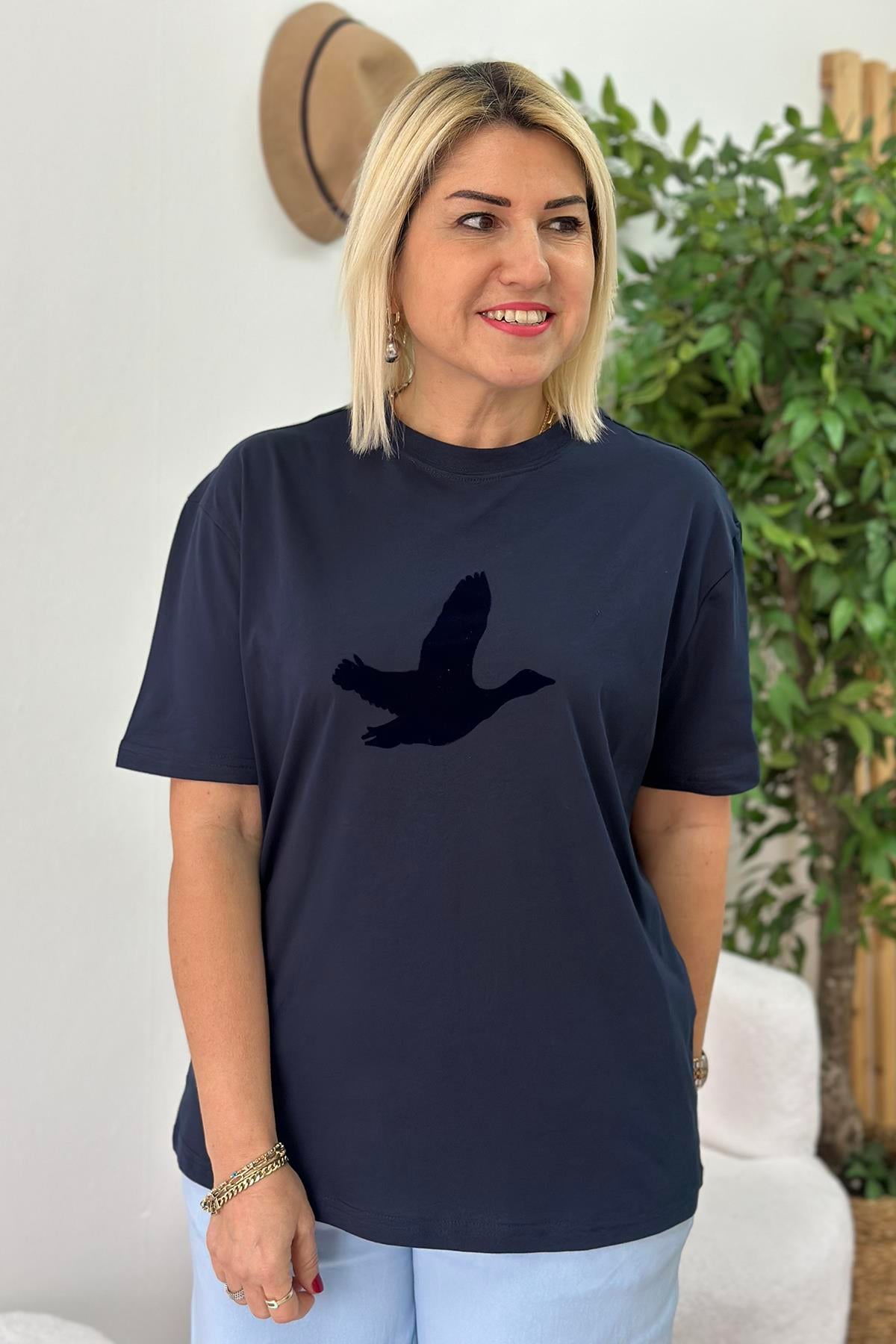 Lacivert Flok Baskı Cotton TShirtUTS25002060-LACIVERT-S