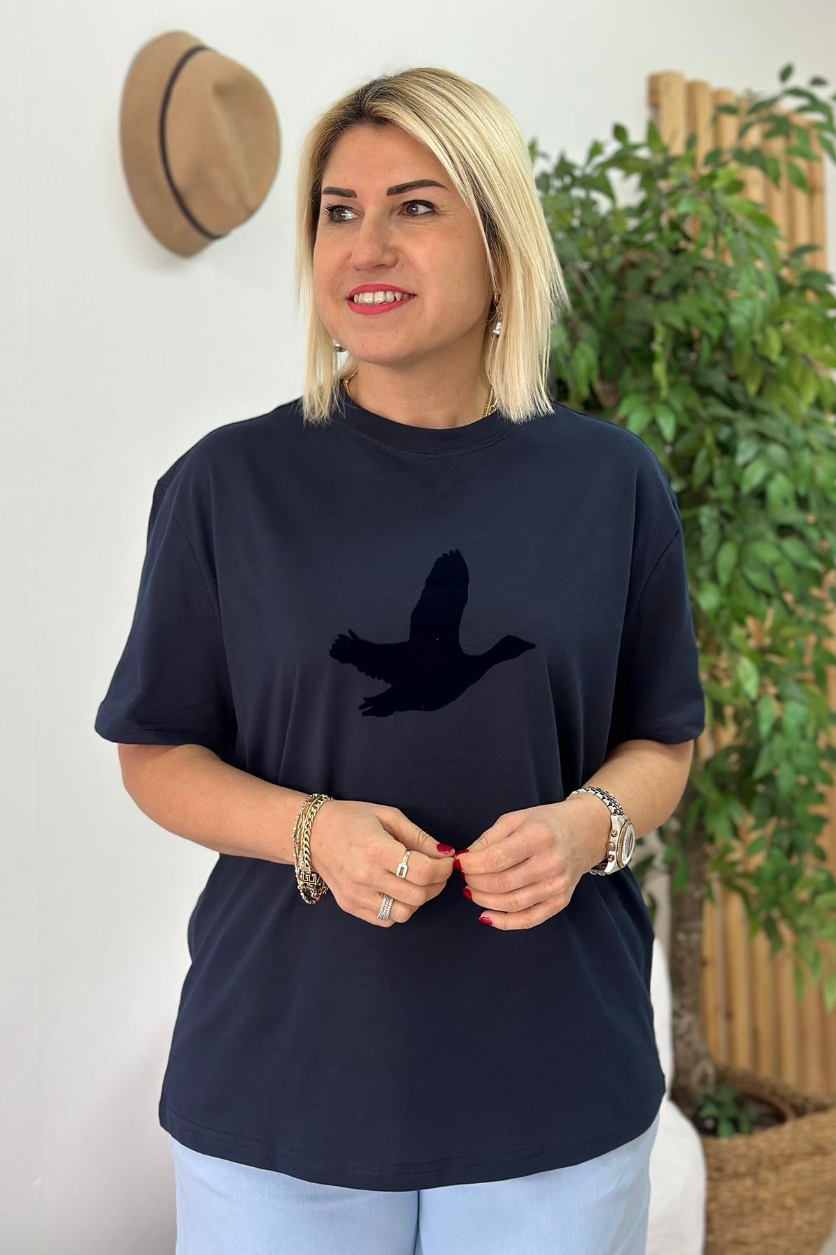 Lacivert Flok Baskı Cotton TShirtUTS25002060-LACIVERT-S
